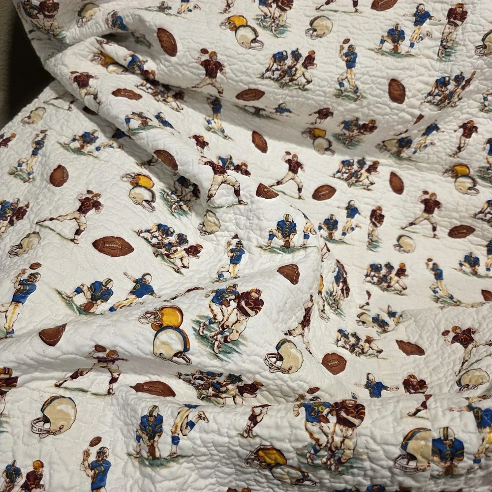 Quilt 66x80 Handmade Machine Sewn Green Brown Ivory Patch Boys Football Sports